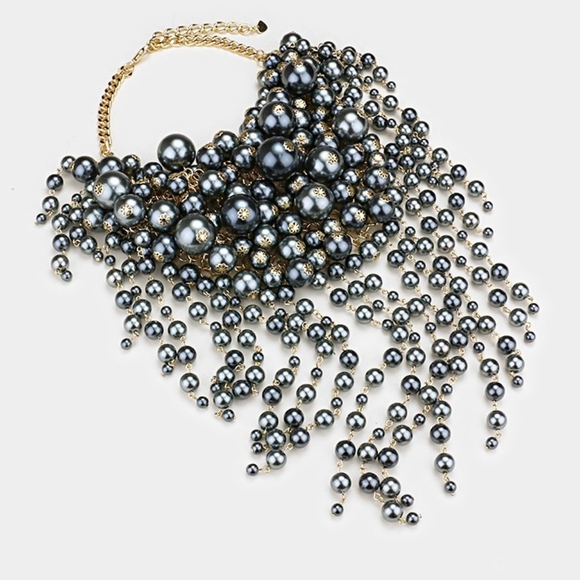 Gray Pearl Dangle Strand Necklace Earrings Set - Picture 2 of 2